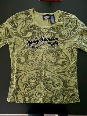 Harley-Davidson Olive Green Paisley Graphic Top Sz M